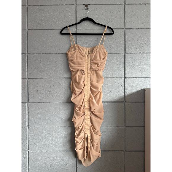 Women's House of CB Railea Nude Taupe Corset Ruched Midi Sheer Chiffon Dress XS - Picture 5 of 6